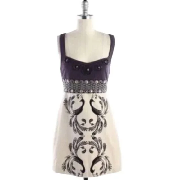 Vintage Y2K Free People Empire Waist Beaded Velvet Peacock A-Line Mini Dress - Picture 3 of 14